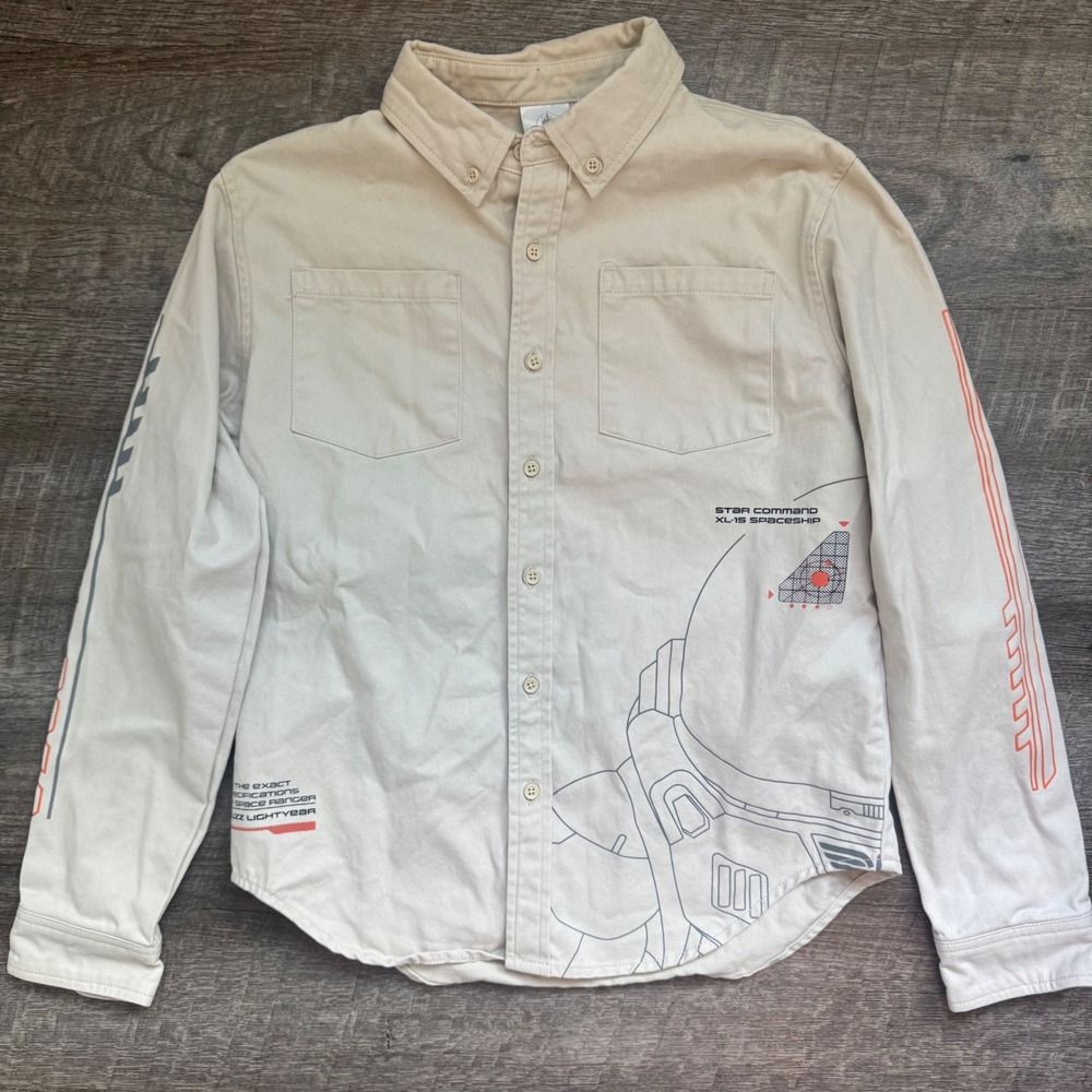 Disney Lightyear Star Command XL-15 Spaceship Shirt Size 14 Beige Button Down